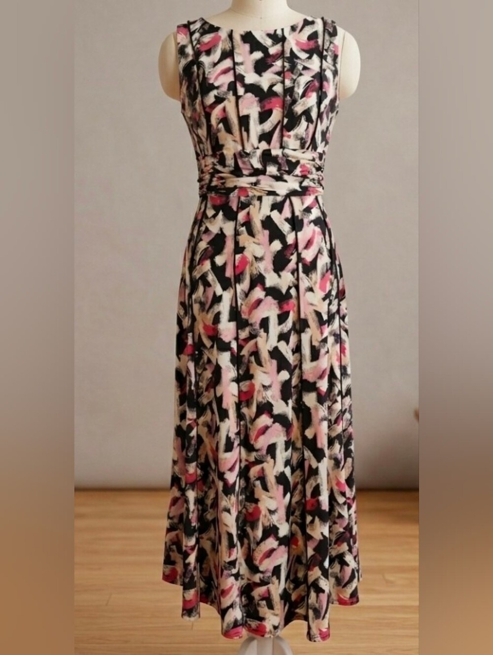 Perceptions New York Sleeveless Abstract Print A-Line Midi Dress Small Blk Pink